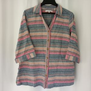 EUC Foxcroft Linen Striped Button-Up Shirt 3/4 Sleeve Pink and Blue Size 16W